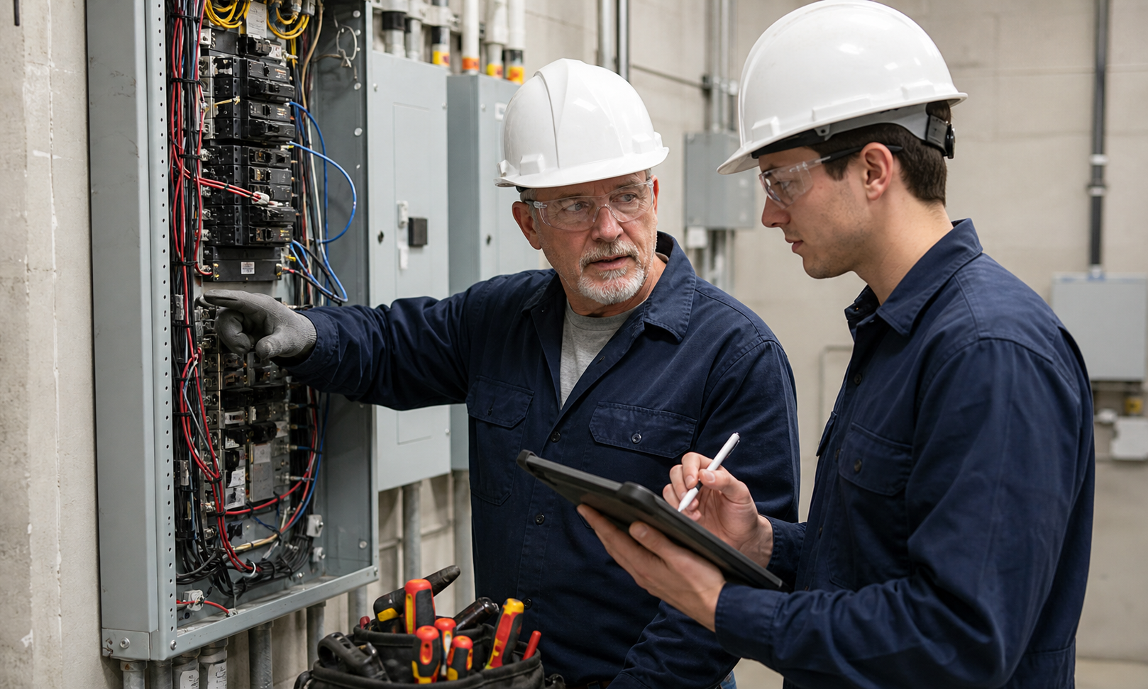 Experienced electrician mentoring an apprentice